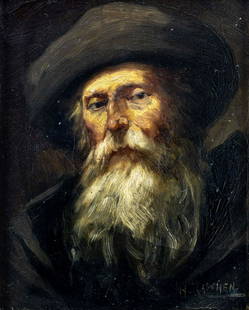 Henry Raschen (CA,1854-1937) oil painting antique: ARTIST: Henry Raschen (California, 1854 - 1937) TITLE: Portrait of Old Man MEDIUM: oil on canvas CONDITION: Some craquelure. Few minor inpaintings/touch ups. ART SIZE: 10 x 8 inches / 25 x 20 cm FRAME