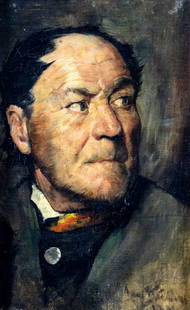 Antique early 20C German oil painting signed: ARTIST: - (Germany, early 20 century) TITLE: Portrait of Man - Bauernkopf MEDIUM: oil on canvas. Canvas applied to board. CONDITION: Very minor craquelure. No visible inpaint under UV light. Minor dam