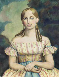 Vintage mid 20C American oil painting: ARTIST: - (American, mid 20 century) TITLE: Portrait of Girl MEDIUM: oil on canvas CONDITION: Some small scratches/paint losses. No visible inpaint under UV light. ART SIZE: 28 x 22 inches / 71 x 55 c