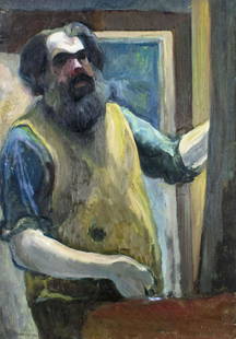 Ronald Wing (CA,PA,NY,1929-2015) oil painting: ARTIST: Ronald Wing (California, Pennsylvania, New York, 1929 - 2015) TITLE: Self Portrait MEDIUM: oil on board CONDITION: Some minor scratches/paint losses. No visible inpaint under UV light. ART SIZ