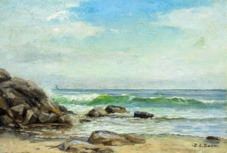 Emma Levinia Swan (RI,German,1853-1927) oil painting antique: ARTIST: Emma Levinia Swan (Rhode Island, Germany, 1853 - 1927) TITLE: Rocky Coast MEDIUM: oil on canvas CONDITION: Relined. Few minor paint losses. Some craquelure. Some scattered small inpaitings mos