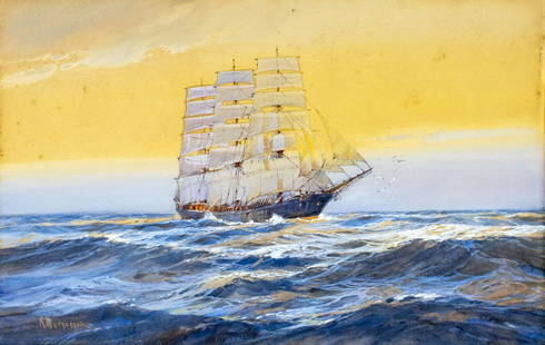 Robert MacGregor (UK,1847-1922) watercolor painting antique: ARTIST: Robert MacGregor (British, 1847 - 1922) TITLE: Clipper Ship "The James Kerr" (titled on verso) MEDIUM: watercolor and gouache on paper CONDITION: Some faint foxing. Some age toning. Few small