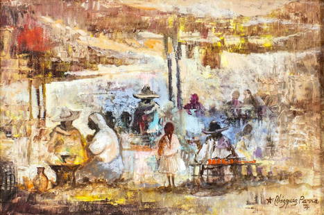 Antonio Vasquez Parra (Mexico,1927-1984) oil painting: ARTIST: Antonio Vasquez Parra (Mexican, 1927 - 1984) TITLE: Mexican Market Scene MEDIUM: oil on canvas CONDITION: Very good. No visible inpaint under UV light. ART SIZE: 8 x 12 inches / 20 x 30 cm FRA