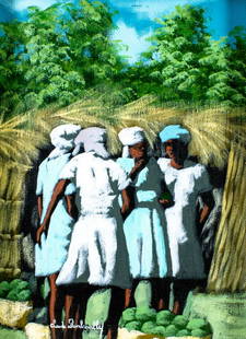 Claude Dambreville (Haiti,1934-2021) oil painting: ARTIST: Claude Dambreville (Haitian, 1934 - 2021) TITLE: Haitian Women MEDIUM: oil on canvas CONDITION: Very good. No visible inpaint under UV light. ART SIZE: 16 x 12 inches / 40 x 30 cm FRAME SIZE: