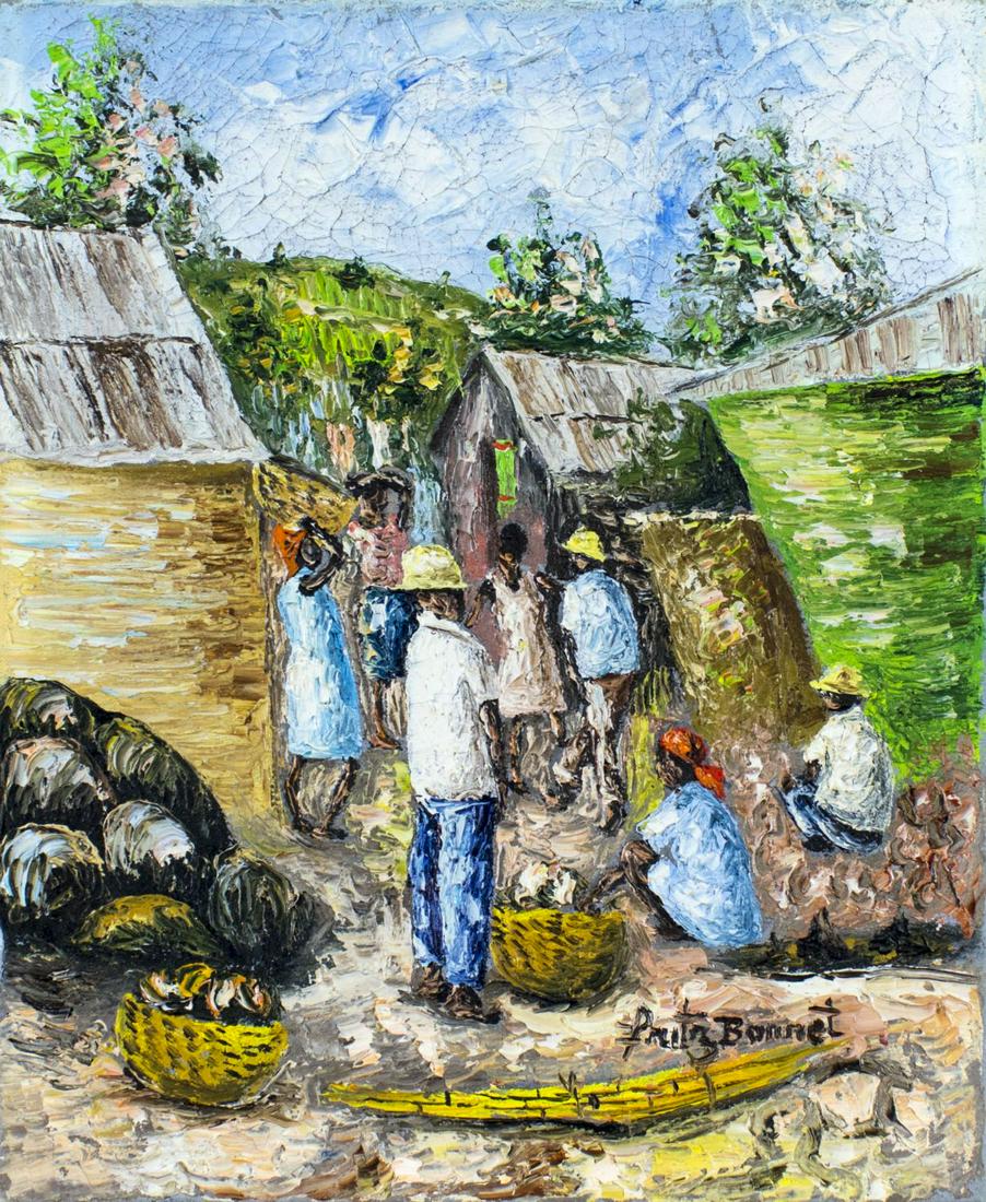 Fritz Bonnet (Haiti,b 1945) oil painting: ARTIST: Fritz Bonnet (Haitian, born 1945) TITLE: Haitian Street Scene MEDIUM: oil on canvas CONDITION: Missing a few flakes of paint. Some craquelure. No visible inpaint under UV light. ART SIZE: 10 x