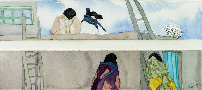 Irene Klar (Canada,b 1950) watercolor painting: ARTIST: Irene Klar (Canadian, born 1950) TITLE: Untitled YEAR: 1987 MEDIUM: watercolor on paper CONDITION: Very good. Framed under glass. ART SIZE: 4 x 21 inches / 10 x 53 cm FRAME SIZE: 16 x 28 inche