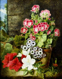 Antique 19C European oil painting signed: ARTIST: - (Europe, 19 century) TITLE: Still Life with Flowers MEDIUM: oil on canvas CONDITION: Two patches. Few paint losses. Minor craquelure. Some scattered small inpaitings (biggest 1" x 1/2"). ART