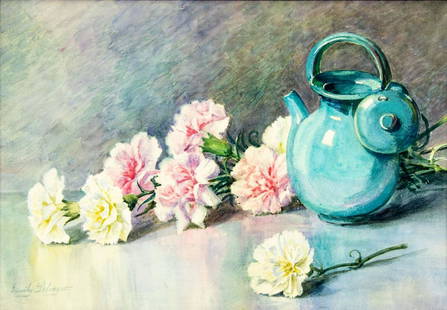 Emily Selinger (MA,CA,NC,RI,1848-1927) watercolor painting antique: ARTIST: Emily Harris McGary Selinger (Massachusetts, California, North Carolina, Rhode Island, 1848 - 1927) TITLE: Still Life with Flowers and Teapot MEDIUM: watercolor on paper CONDITION: Very good.