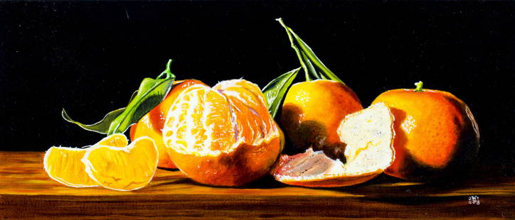 Jean Pierre Walter (France,b 1967) oil painting: ARTIST: Jean Pierre Walter (French, born 1967) TITLE: Still Life - Panoramic Clementines (titled on label) YEAR: 2018 MEDIUM: oil on canvas board CONDITION: Minor scratch by the upper edge. No visible