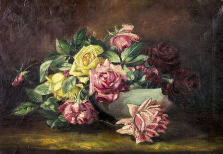 Antique 19 American oil painting signed: ARTIST: - (American, 19/20 centuries) TITLE: Still Life with Roses MEDIUM: oil on canvas CONDITION: Relined. Few minor scratches/paint losses. Minor craquelure. Few scattered inpaitings. ART SIZE: 14