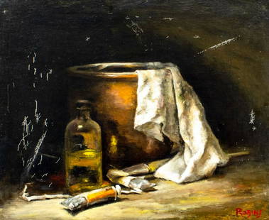 Robins (US,20C) oil painting: ARTIST: Robins (American, 20 century) TITLE: Still Life MEDIUM: oil on board CONDITION: Some craquelure. No visible inpaint under UV light. Wear to frame. ART SIZE: 16 x 20 inches / 40 x 50 cm FRAME S