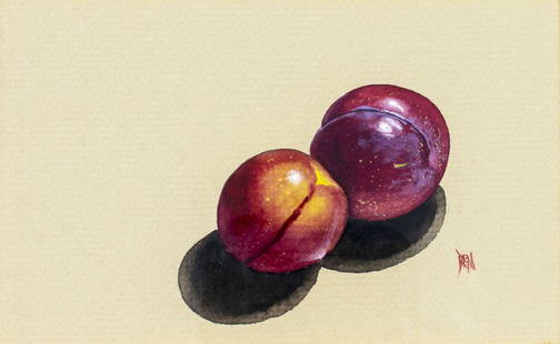 Breta (AZ,20C) watercolor painting: ARTIST: Breta (Arizona, 20 century) TITLE: Still Life with Two Plums MEDIUM: watercolor on paper CONDITION: Very good. Framed under glass. ART SIZE: 5 x 8 inches / 12 x 20 cm FRAME SIZE: 10 x 13 inche