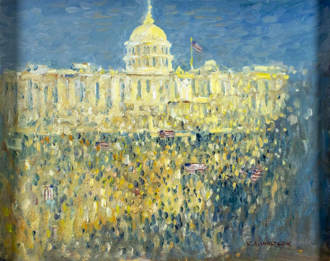 Robert Waltsak (NJ,b 1944) oil painting: ARTIST: Robert Alan Waltsak (New Jersey, born 1944) TITLE: Untitled MEDIUM: oil on board CONDITION: Very good. Minor craquelure. No visible inpaint under UV light. Wear to frame. ART SIZE: 16 x 20 inc