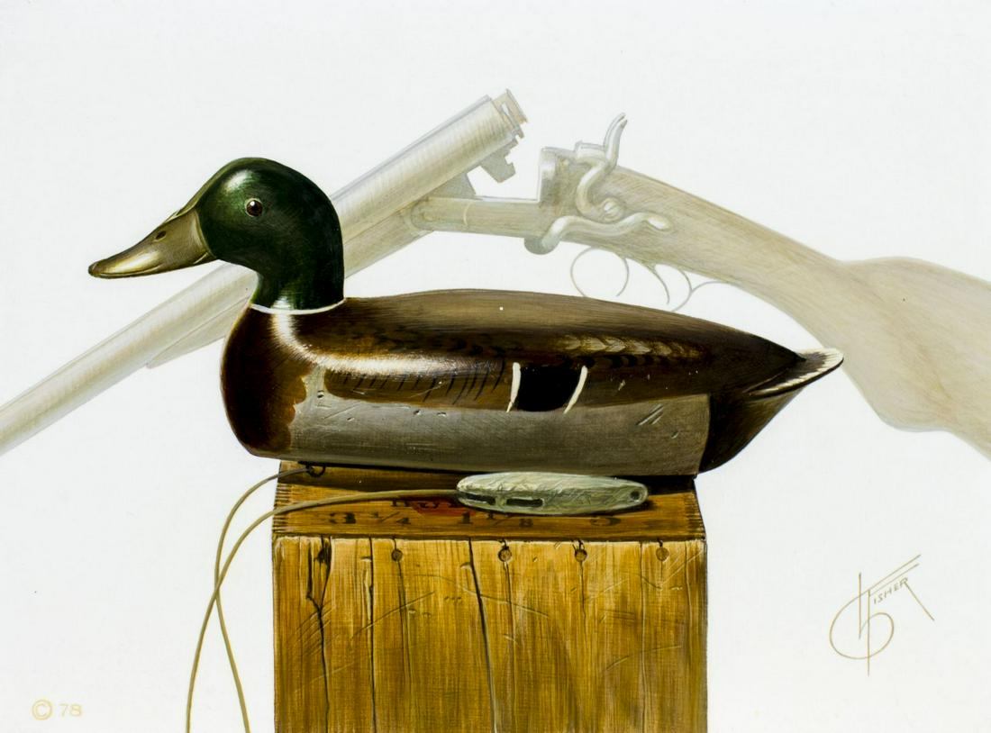 Leonard Fisher (US,20C) oil painting: ARTIST: Leonard Fisher (American, 20 century) TITLE: Mallard with Shortgun (titled on label) YEAR: 1978 MEDIUM: oil on board CONDITION: Very good. Normal wear along edges. No visible inpaint under UV