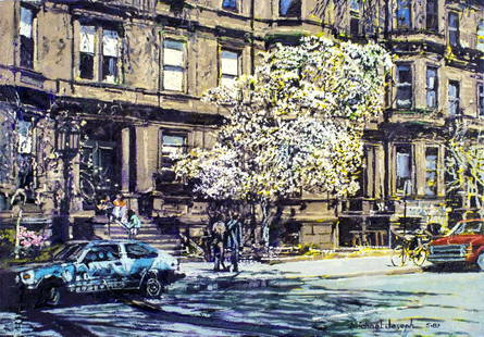 Michael Joseph (CA,WA,CT,b 1945) oil painting: ARTIST: Michael Joseph (California, Washington, Connecticut, born 1945) TITLE: Brownstones with Magnolias (titled on stretcher) YEAR: 1987 MEDIUM: oil on canvas CONDITION: Very good. No visible inpain