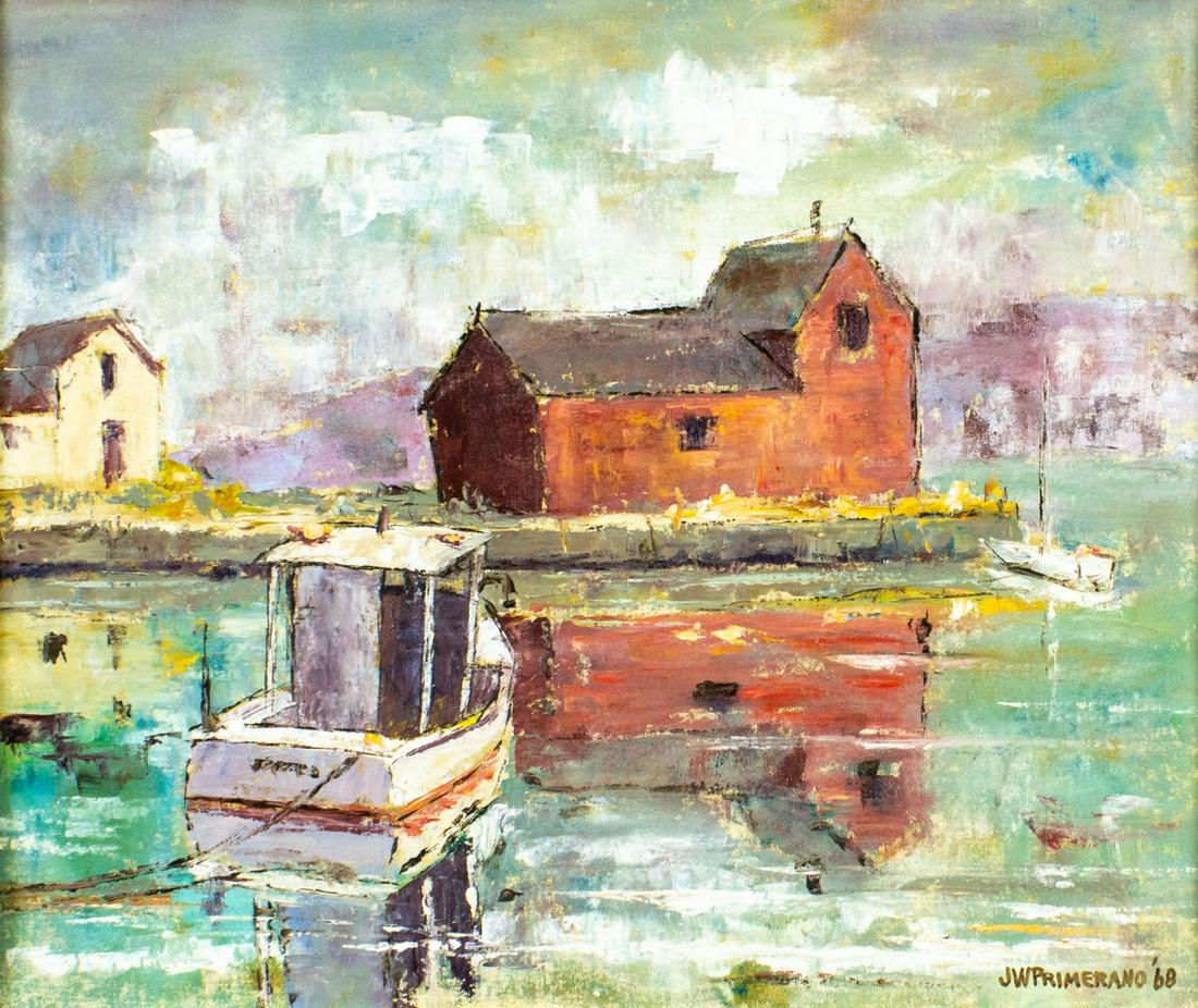 Joan Walton Primerano (NY,1926-?) oil painting: ARTIST: Joan Walton Primerano (New York, 1926 - ???) TITLE: High Tide, Rockport, MA (titled on verso) YEAR: 1968 MEDIUM: oil on canvas board CONDITION: Very good. No visible inpaint under UV light. We