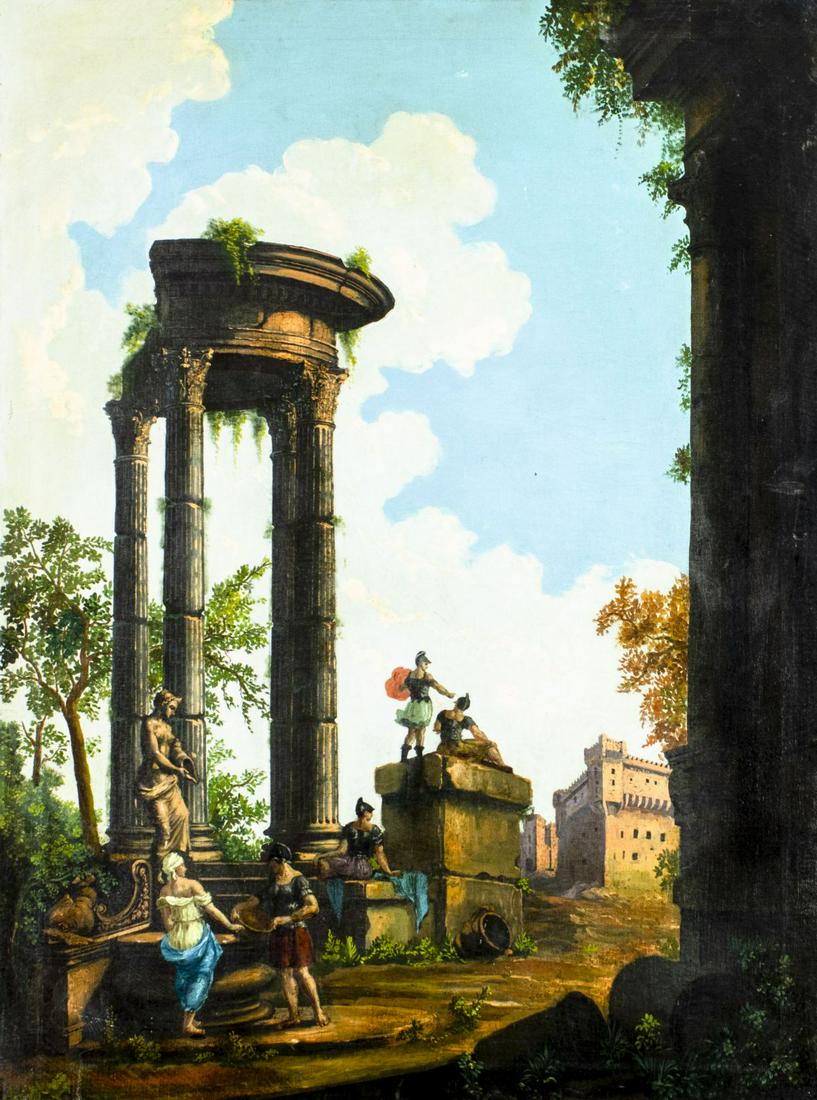 Antique early 20C Italian oil painting: ARTIST: - (Italy, early 20 century) TITLE: Landscape with Ruins and Figures MEDIUM: oil on canvas CONDITION: Relined. Missing a few flakes of paint. Small scrtach by the left edge. No visible inpaint 