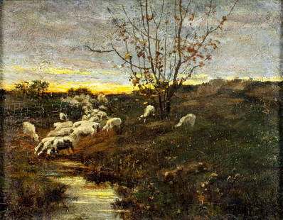 Ben Foster (CT,NY,ME,1852-1926) oil painting antique: ARTIST: Ben (Benjamin) Foster (Connecticut, New York, Maine, 1852 - 1926) TITLE: Sunset Landscape with Sheep YEAR: 1889 MEDIUM: oil on board CONDITION: Small scattered inpaintings/touch ups. Some stab