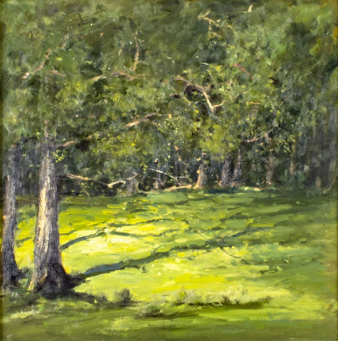 Robert Waltsak (NJ,b 1944) oil painting: ARTIST: Robert Alan Waltsak (New Jersey, born 1944) TITLE: Forest Landscape MEDIUM: oil on board CONDITION: Few small paint losses along lower edge. No visible inpaint under UV light. Minor damages to