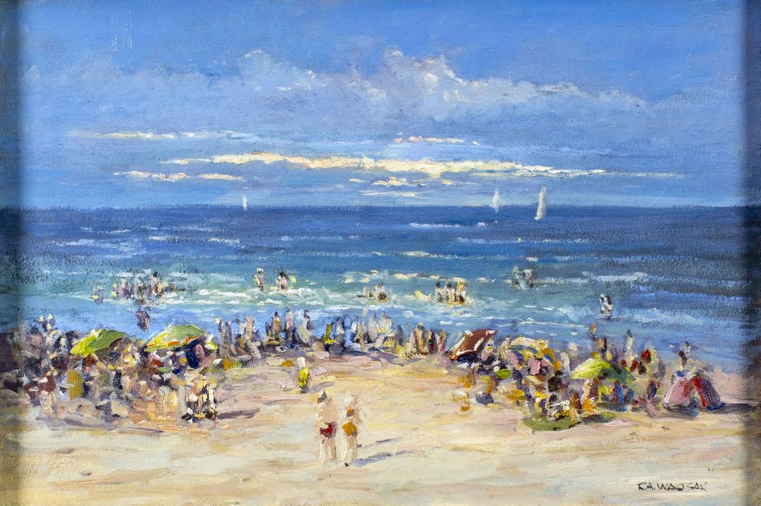 Robert Waltsak (NJ,b 1944) oil painting: ARTIST: Robert Alan Waltsak (New Jersey, born 1944) TITLE: Beach Scene MEDIUM: oil on canvas CONDITION: One faint scratch. No visible inpaint under UV light. Minor damages to frame. ART SIZE: 16 x 24 