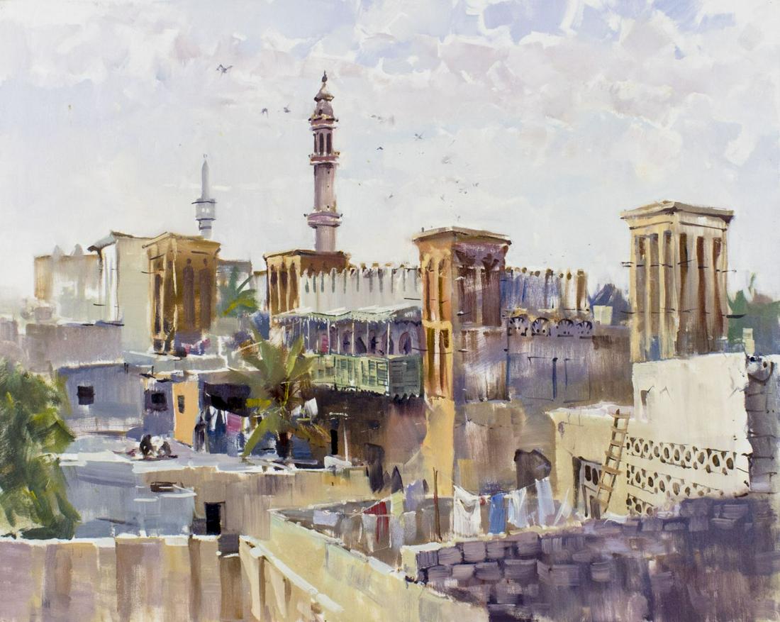 Peter Williams (NY,New Zealand,1934-2018) oil painting: ARTIST: Peter Williams (New York, New Zealand, 1934 - 2018) TITLE: Middle Eastern Cityscape MEDIUM: oil on canvas CONDITION: Very good. No visible inpaint under UV light. ART SIZE: 24 x 30 inches / 60
