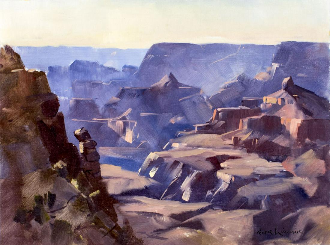 Peter Williams (NY,New Zealand,1934-2018) oil painting: ARTIST: Peter Williams (New York, New Zealand, 1934 - 2018) TITLE: Sunlit Canyon Landscape MEDIUM: oil on canvas CONDITION: Very good. No visible inpaint under UV light. ART SIZE: 18 x 24 inches / 45