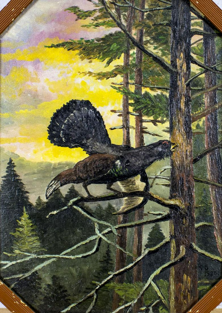 Antique early 20C American oil painting signed: ARTIST: - (American, early 20 century) TITLE: Wild Turkey YEAR: 1925 MEDIUM: oil on board CONDITION: Very good. No visible inpaint under UV light. Wear to frame. ART SIZE: 15 x 11 inches / 38 x 27 cm 
