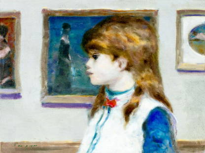 Andre Gisson (French,NY,CT,1921-2003) oil painting: ARTIST: Andre Gittelson Gisson (New York, Connecticut, France, 1921 - 2003) TITLE: Girl in Museum MEDIUM: oil on canvas CONDITION: Relined. Minor craquelure. Few small inpaintings. ART SIZE: 9 x 12 in