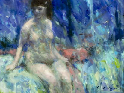 Andre Gisson (French,NY,CT,1921-2003) oil painting: ARTIST: Andre Gittelson Gisson (New York, Connecticut, France, 1921 - 2003) TITLE: Nude MEDIUM: oil on canvas CONDITION: Very good. No visible inpaint under UV light. Minor damages to frame. ART SIZE: