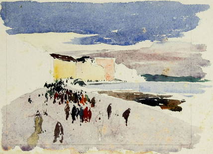 Charles Herbert Woodbury (ME,MA,1864-1940) watercolor painting: ARTIST: Charles Herbert Woodbury (Maine, Massachusetts, 1864 - 1940) NAME: Beach Scene MEDIUM: watercolor on paper CONDITION: Minor foxing. Some age toning. SIGHT SIZE: 5 x 6 inches / 12 x 15 cm PAPER