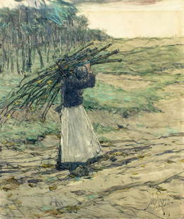Jules Guerin (NY,IL,MO,1866-1946) watercolor painting antique: ARTIST: Jules Vallee Guerin (New York, Illinois, Missouri, 1866 - 1946) TITLE: Peasant Woman Carrying Firewood MEDIUM: watercolor on paper. Paper applied to board. CONDITION: Some age toning. ART SIZE