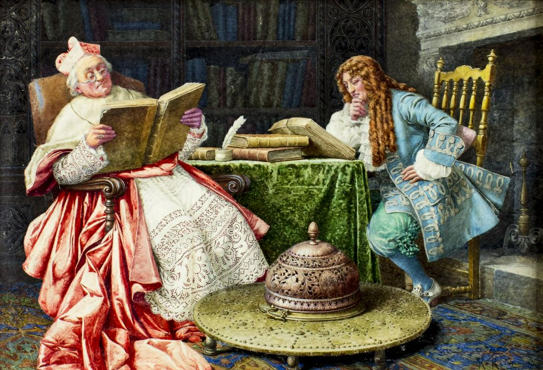 Roberto Raimondi (Italy,1877-1961) watercolor painting: ARTIST: Roberto Raimondi (Italian, 1877 - 1961) NAME: Cardinal in his Study MEDIUM: watercolor on paper CONDITION: Minor age toning. Framed under glass. Minor damages to frame. SIGHT SIZE: 15 x 22 inc