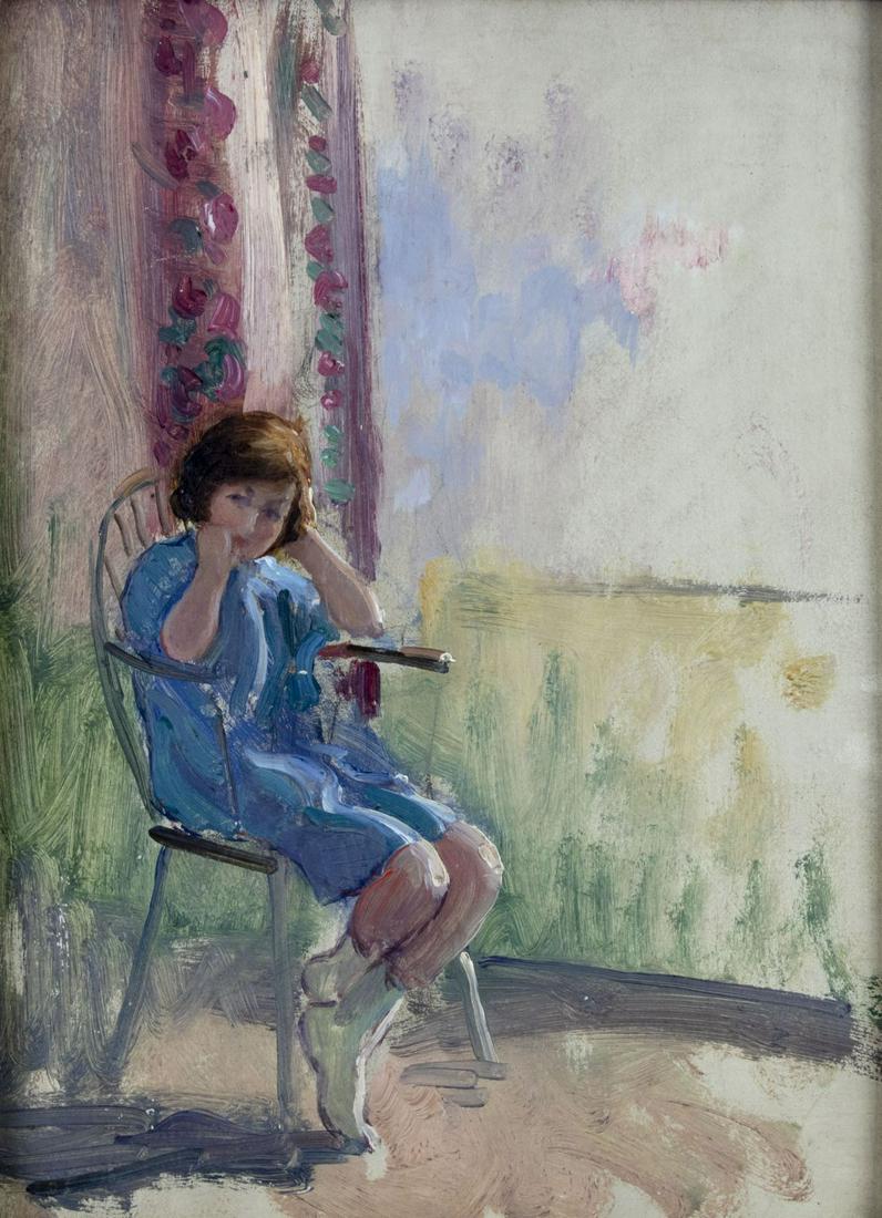 Harry John Pearson (UK,1872-1933) oil painting antique: ARTIST: Harry John Pearson (United Kingdom, 1872 - 1933) TITLE: Girl on Chair MEDIUM: oil on board CONDITION: Missing a few flakes of paint. No visible inpaint under UV light. ART SIZE: 12 x 9 inches