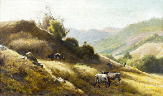 Thaddeus Welch (CA,IN,1844-1919) oil painting antique: ARTIST: Thaddeus Welch (California, Indiana, 1844 - 1919) NAME: Hilly Landscape with Cows YEAR: 1904 MEDIUM: oil on canvas CONDITION: Craquelure and flaking in sky area. No visible inpaint under UV li