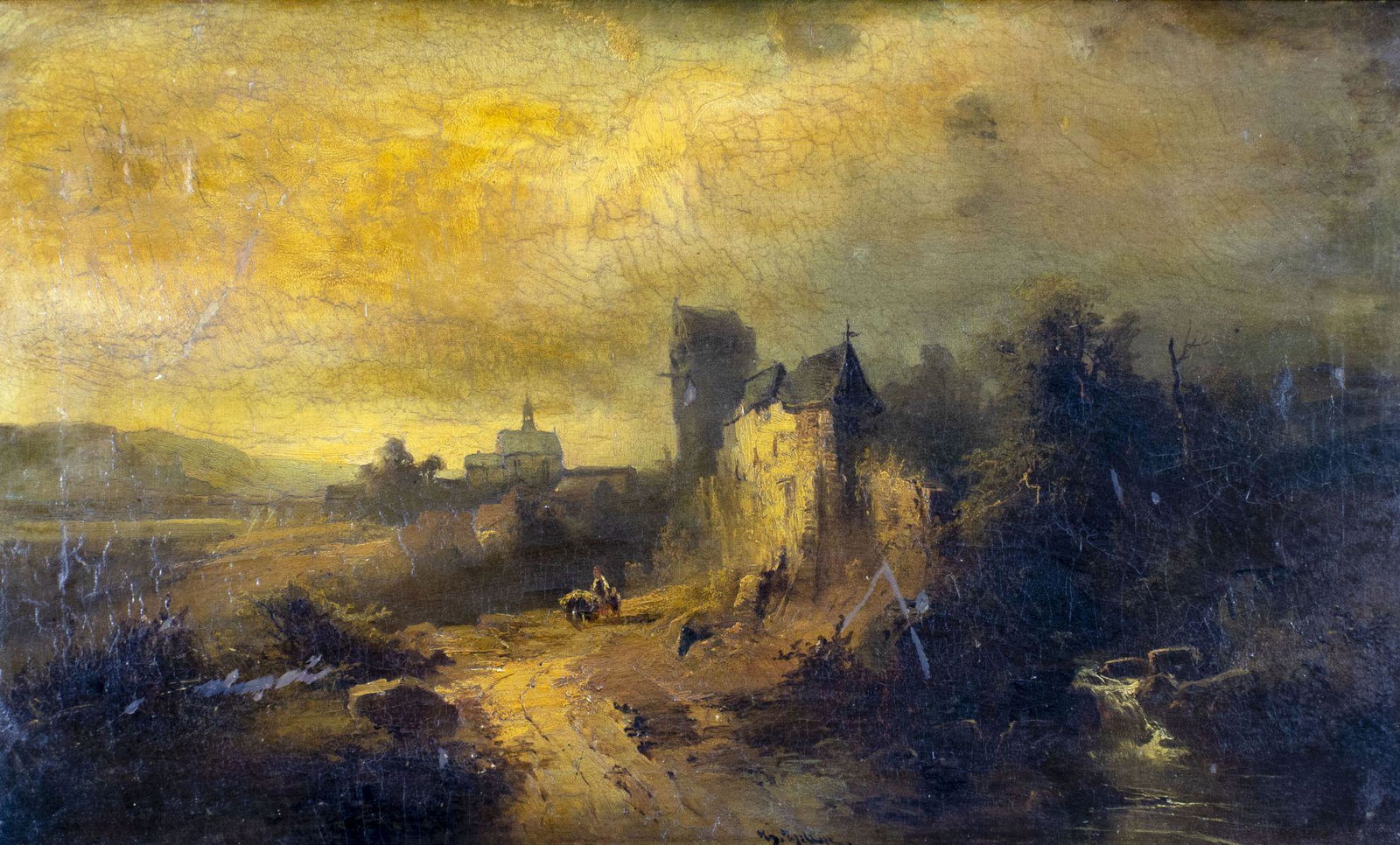 Antique 19C European oil painting signed (1 of 12)