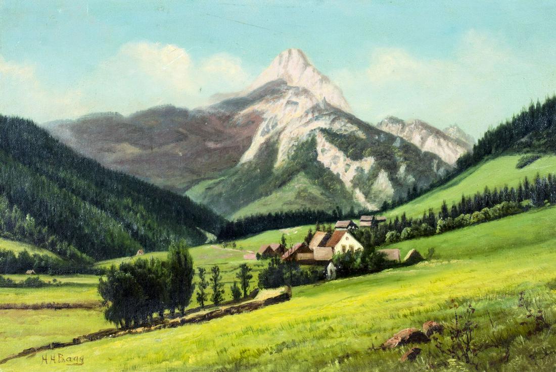 Henry Howard Bagg (NE,CA,1852-1928) oil painting antique: ARTIST: Henry Howard Bagg (Nebraska, California, 1852 - 1928) TITLE: Mountain Landscape MEDIUM: oil on canvas CONDITION: Few small scratches. Missing a few flakes of paint. No visible inpaint under UV