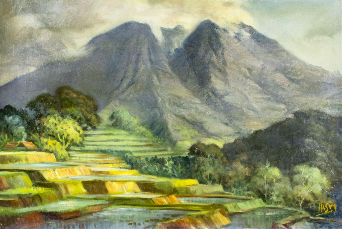 Hasim (Indonesia,1921-1982) oil painting: ARTIST: Hasim (Indonesian, 1921 - 1982) NAME: Mountain Landscape MEDIUM: oil on canvas CONDITION: Very good. No visible inpaint under UV light. SIGHT SIZE: 16 1/2 x 25 inches / 43 x 63 cm FRAME SIZE: 