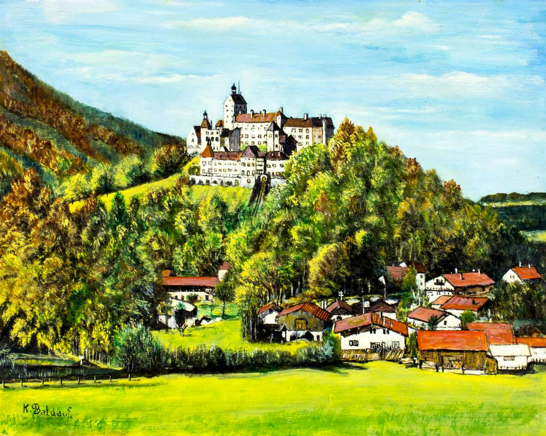 K Baldauf (German,20C) oil painting: ARTIST: K Baldauf (Germany, 20 century) TITLE: Landscape - Burg Hohenaschau MEDIUM: oil on board CONDITION: Very good. No visible inpaint under UV light. ART SIZE: 13 x 16 inches / 33 x 40 cm FRAME SI