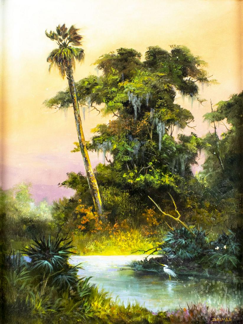 Jo Dolmas (FL,20C) oil painting: ARTIST: Jo Dolmas (Florida, 20 century) TITLE: Sunset Tropical Landscape MEDIUM: oil on canvas CONDITION: Few small paint losses. No visible inpaint under UV light. Wear to frame. ART SIZE: 24 x 18 in