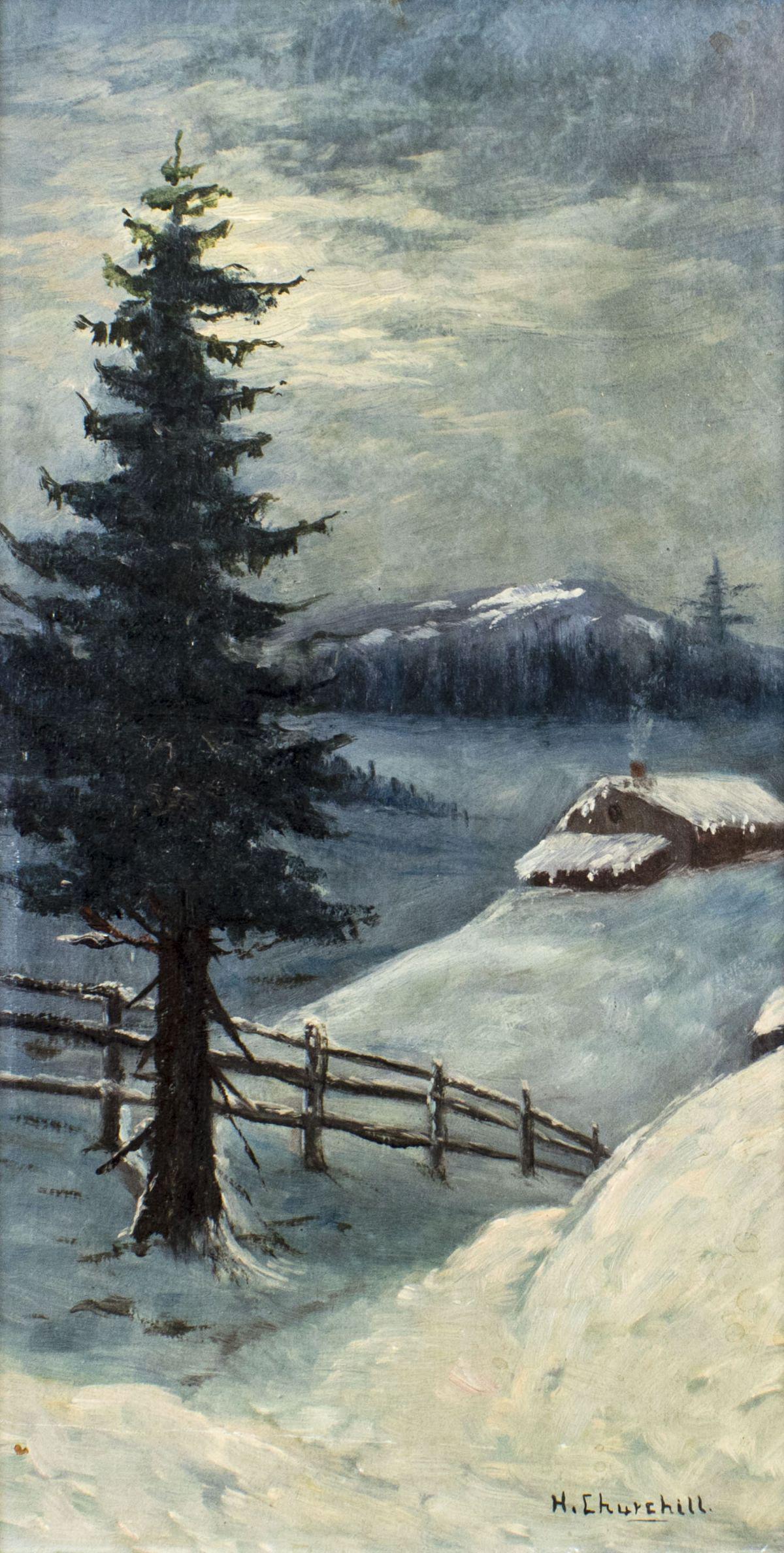 H Churchill (US,19/20C) oil painting antique: ARTIST: H Churchill (American, 19/20 centuries) TITLE: Winter Landscape MEDIUM: oil on board CONDITION: Few small paint losses. No visible inpaint under UV light. ART SIZE: 16 x 9 inches / 40 x 22 cm 