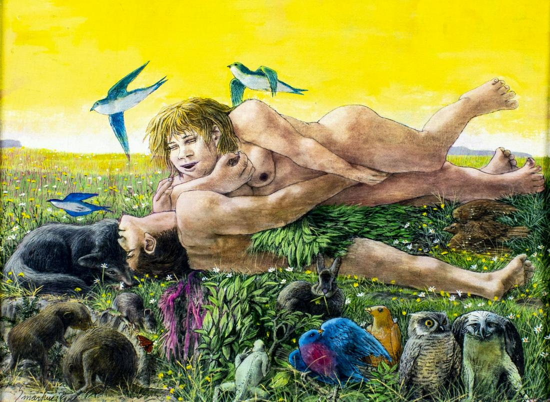 Vincent T Smarkusz (CT,1919-1974) oil painting: ARTIST: Vincent Theodore Smarkusz (Connecticut 1919 - 1974) TITLE: Nude Couple with Animals MEDIUM: oil on canvas. Canvas applied to board. CONDITION: Missing a few flakes of paint. No visible inpaint