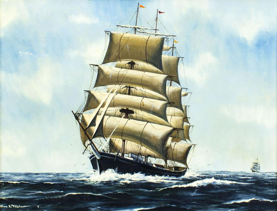 Glen Fowler (MA,1934-1982) oil painting: ARTIST: Glen A Fowler (Massachusetts, 1934 - 1982) NAME: Sail Ship - Of Bygone Days (titled on label) MEDIUM: oil on canvas board CONDITION: Missing a few flakes of paint in upper left corner. No visi