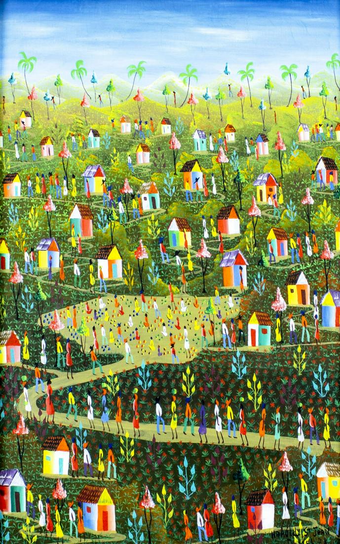 Harold St Jean (Haiti,b 1959) oil painting: ARTIST: Harold St Jean (Haitian, born 1959) TITLE: Haitian Landscape YEAR: 1978 MEDIUM: oil on canvas. Canvas applied to board. CONDITION: Missing a few flakes of paint. Minor craquelure. No visible i