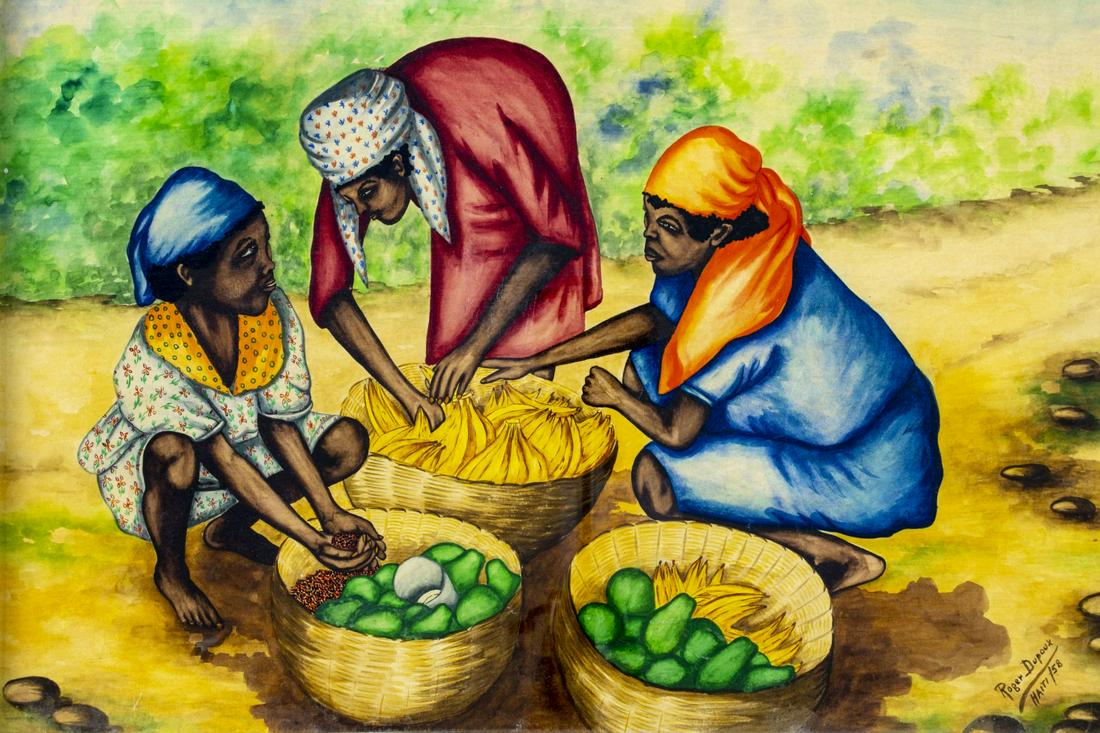 Roger Dupoux (Haiti,mid 20C) watercolor painting: ARTIST: Roger Dupoux (Haitian, mid 20 century) TITLE: Haitian Women with Fruits YEAR: 1958 MEDIUM: watercolor on paper CONDITION: Few small scratches/paint losses. No visible inpaint under UV light. F