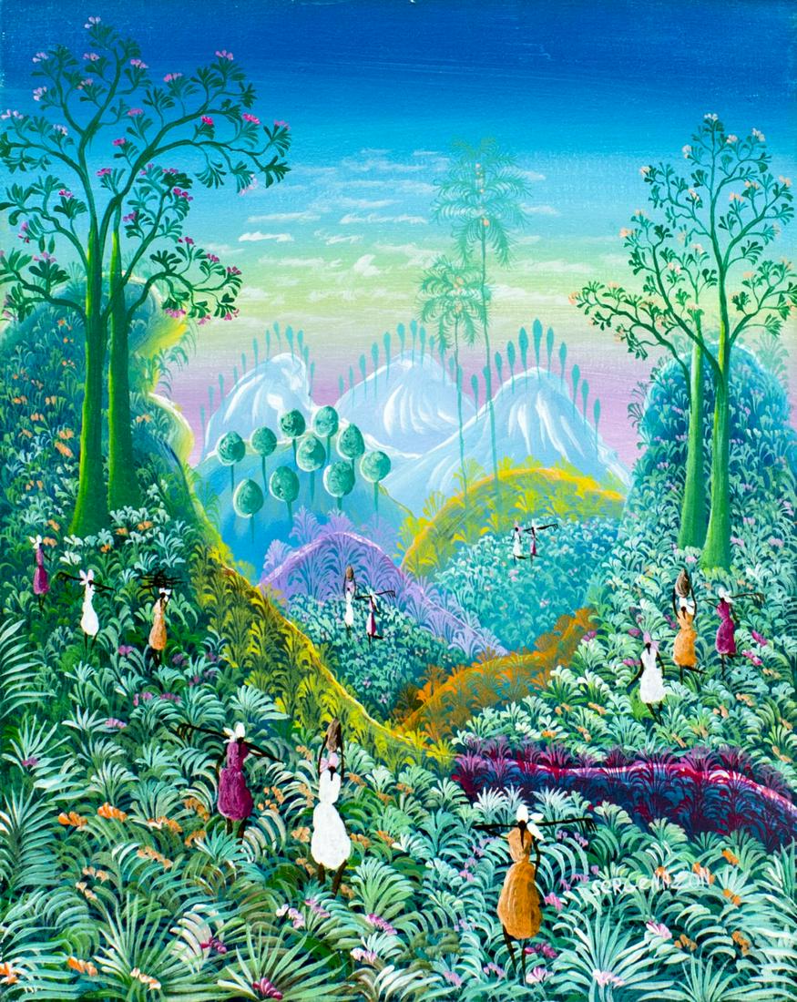 Serge Nazon (Haiti,20C) oil painting: ARTIST: Serge Nazon (Haitian, 20 century) TITLE: Haitian Landscape MEDIUM: oil on canvas CONDITION: Very good. No visible inpaint under UV light. ART SIZE: 10 x 8 inches / 25 x 20 cm FRAME SIZE: unfra