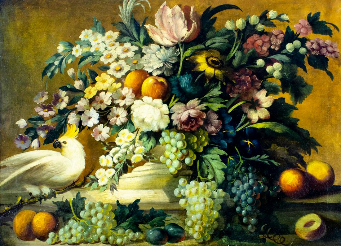 Antique 19C European oil painting: ARTIST: - (Europe, 19 century) TITLE: Still Life with Fruits and Flowers MEDIUM: oil on canvas CONDITION: Two patches. Some small paint losses. Some craquelure. Few small inpaitings (biggest 1/2" x 1 