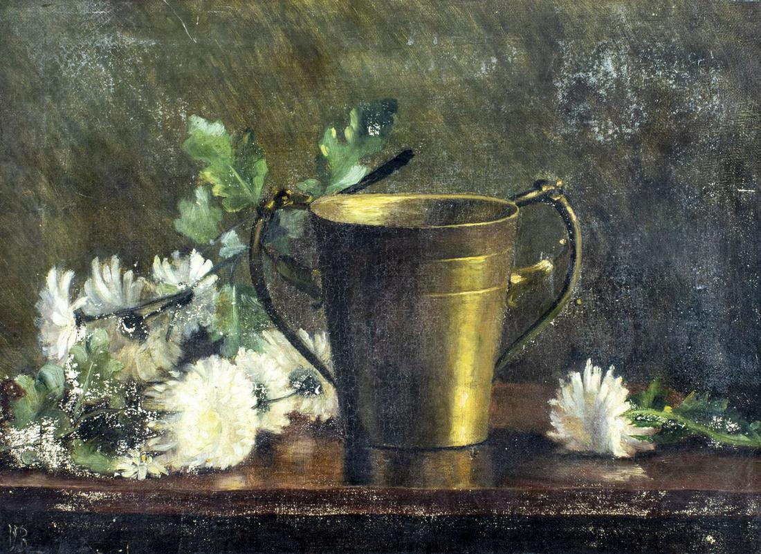 Antique early 20C Danish oil painting signed: ARTIST: - (Denmark, early 20 century) TITLE: Still Life with Chrysanthemum and Vase MEDIUM: oil on canvas CONDITION: Two repaired small punctures. Some paint losses (see pictures carefully). Few small