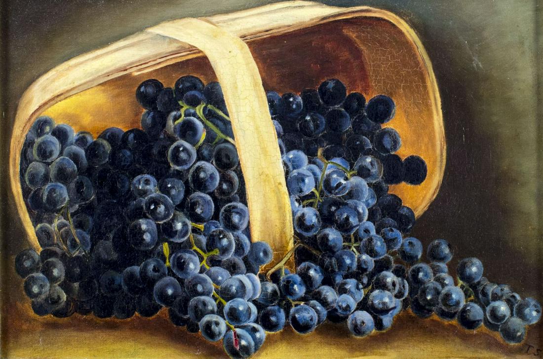 T Swain (UK,19C) oil painting antique: ARTIST: T Swain (British, 19 century) TITLE: Still Life with Basket of Grapes MEDIUM: oil on canvas CONDITION: Some craquelure. No visible inpaint under UV light. Some damages to frame. ART SIZE: 11 x