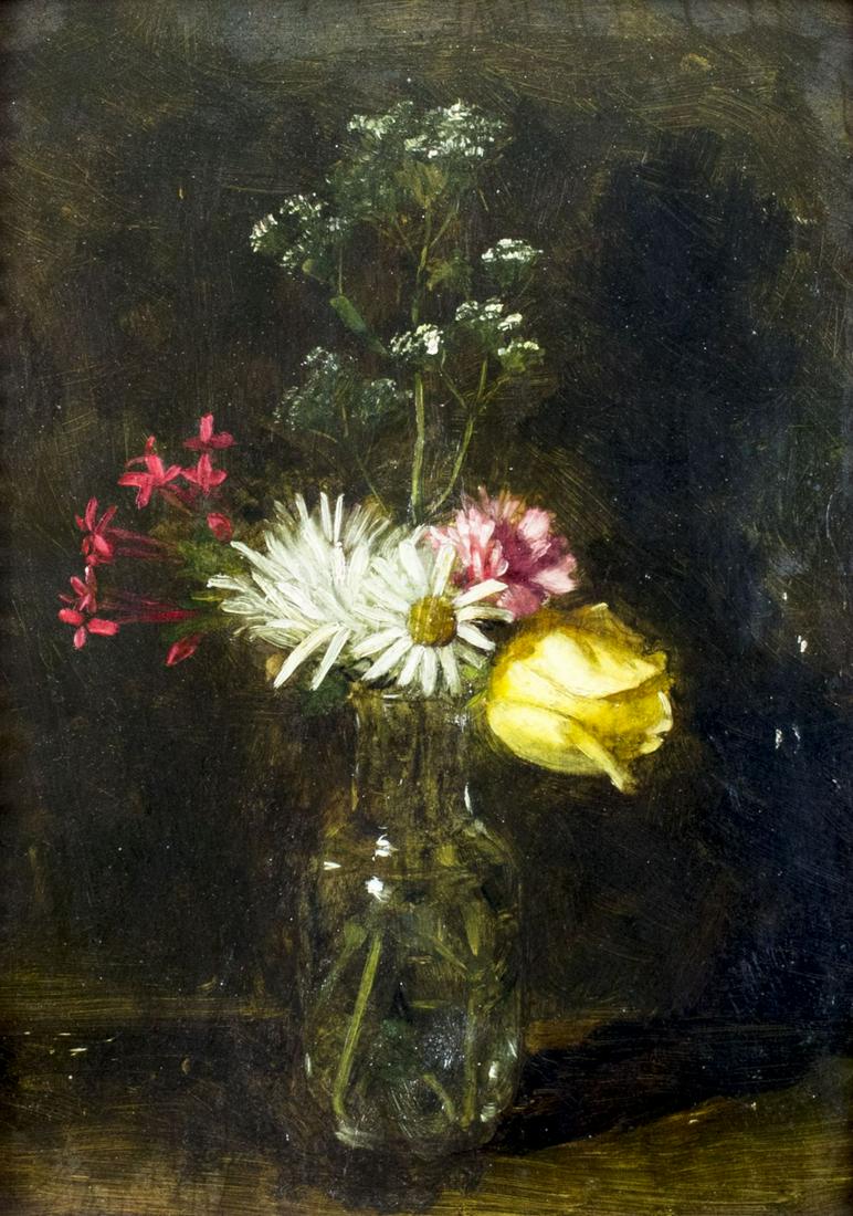 Antique 19C American oil painting: ARTIST: - (American, 19/20 centuries) TITLE: Still Life with Vase of Flowers YEAR: circa 1900 MEDIUM: oil on board CONDITION: Small damage to right edge. Few minor paint losses. Minor craquelure. No v