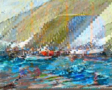 Robert Waltsak (NJ,b 1944) oil painting: ARTIST: Robert Alan Waltsak (New Jersey, born 1944) TITLE: Beatons Boat Yard, NJ (titled on verso) YEAR: 2009 MEDIUM: oil on canvas CONDITION: Few minor paint losses. Very minor craquelure. No visible